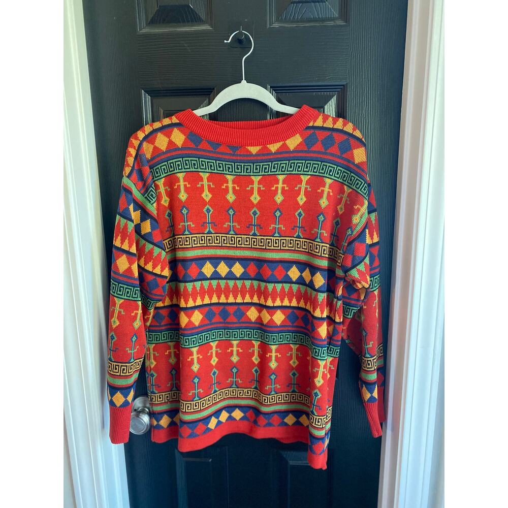 Miss Rose Vintage Aztec Geometric Pull Over Knit Colorful Sweater-Size L